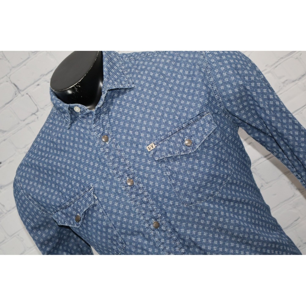 Salt Valley Western Shirt Mens Medium Blue Snowflake Geo Metal Buttons Cowboy